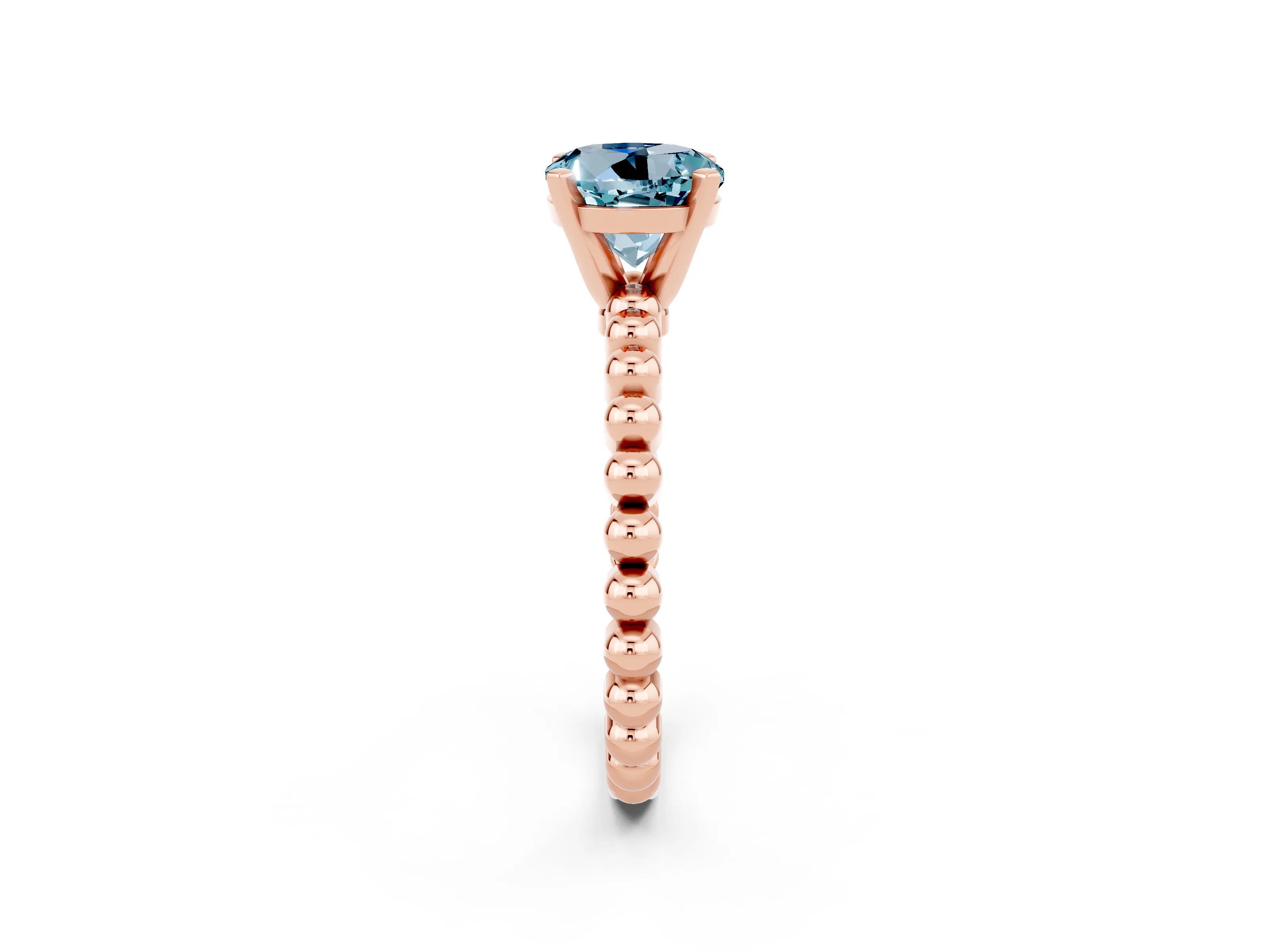 Rose gold Round Cut Aquamarine Solitaire Ring with Beaded Band and Prong Setting_2