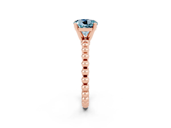 Rose gold Round Cut Aquamarine Solitaire Ring with Beaded Band and Prong Setting
