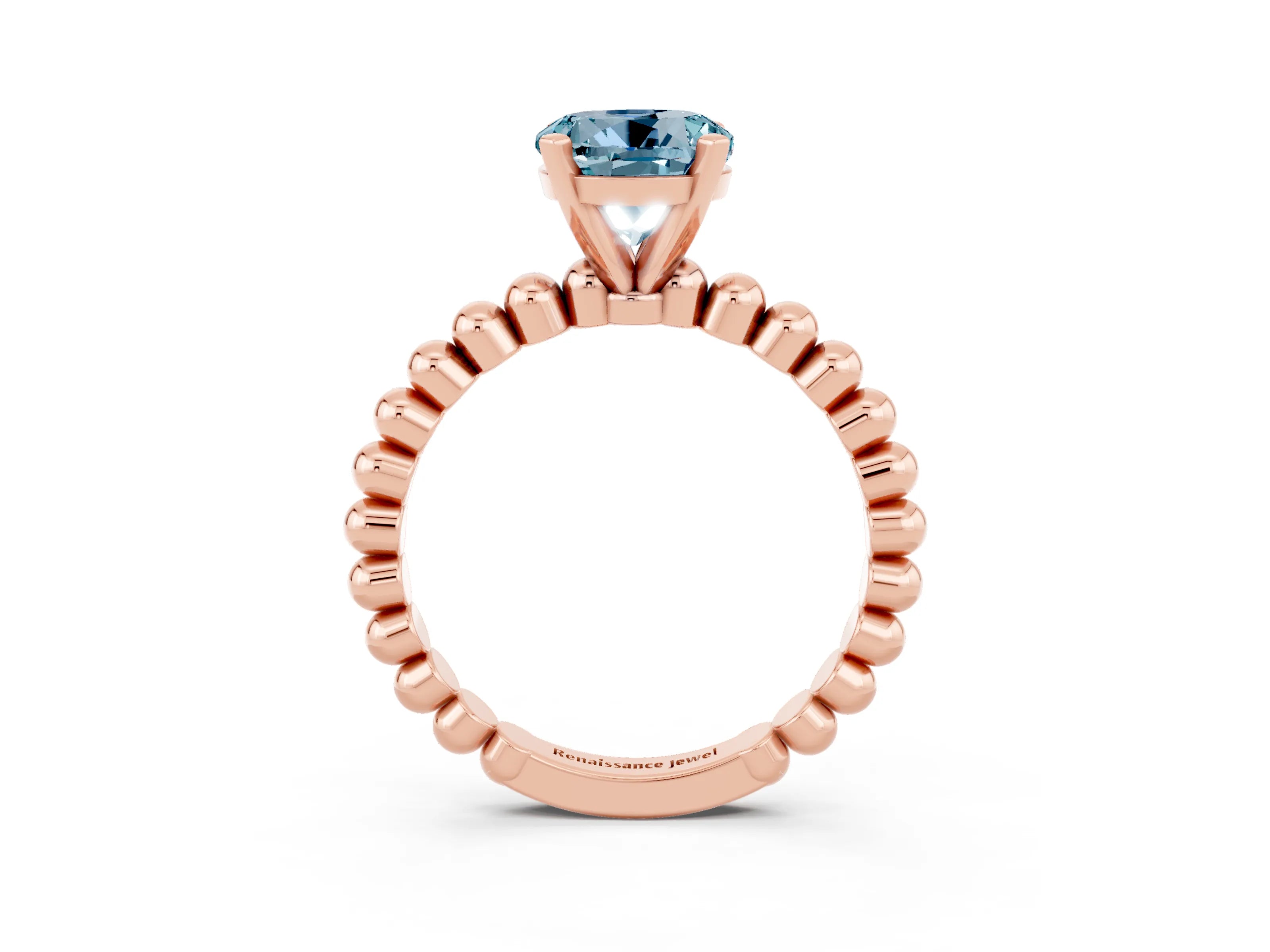 Rose gold Round Cut Aquamarine Solitaire Ring with Beaded Band and Prong Setting_3