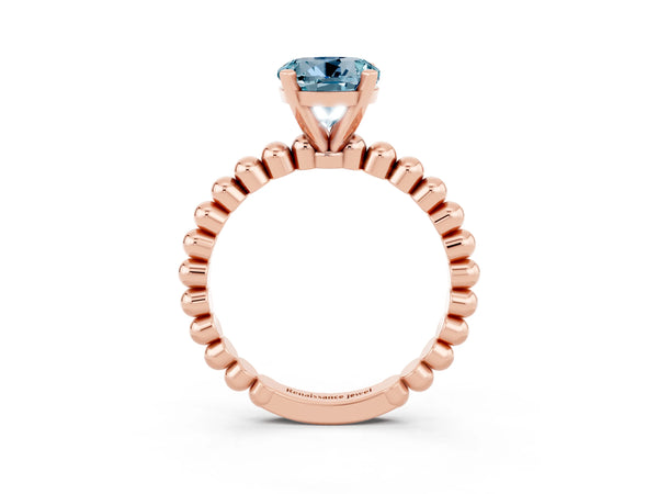 Rose gold Round Cut Aquamarine Solitaire Ring with Beaded Band and Prong Setting
