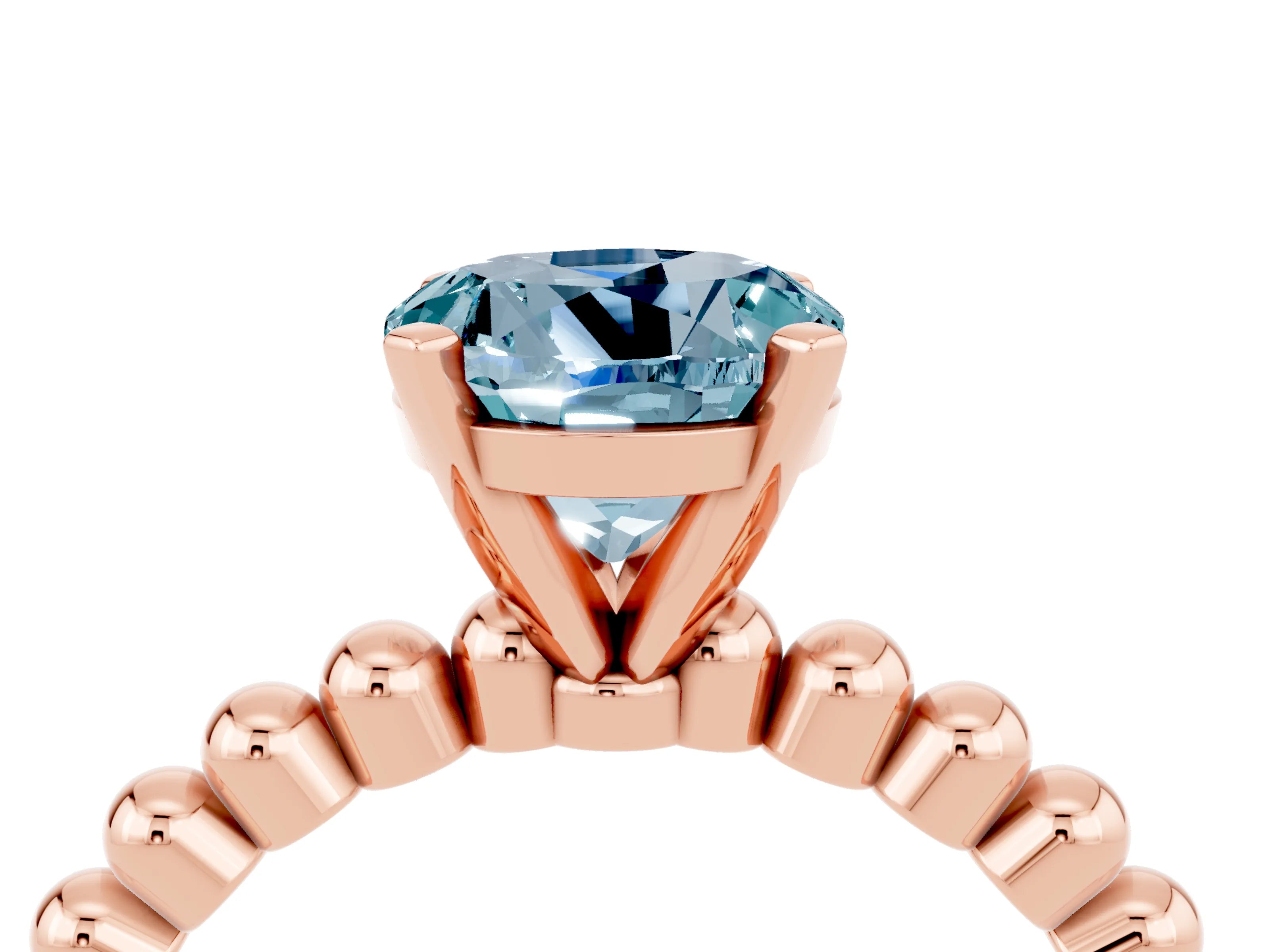 Rose gold Round Cut Aquamarine Solitaire Ring with Beaded Band and Prong Setting_4