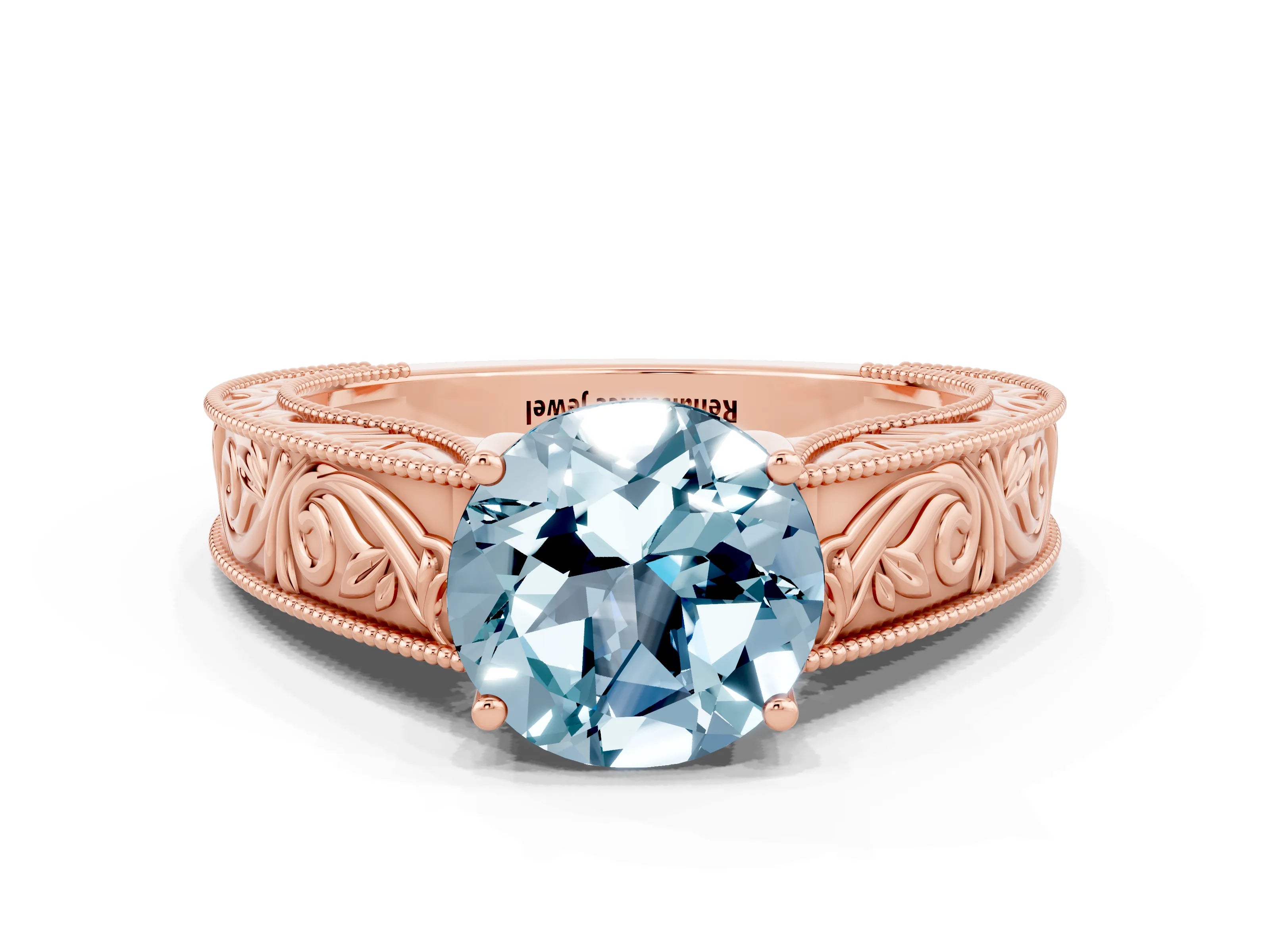 Rose gold Round Cut Aquamarine Solitaire Ring with Engraved Band and Four-Prong Setting