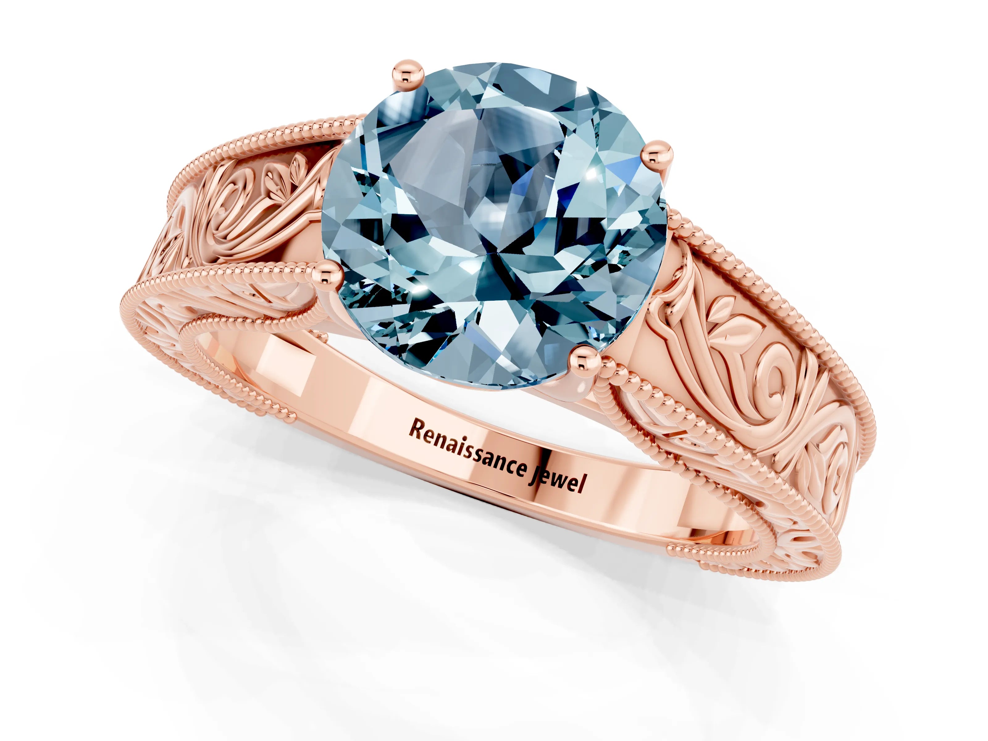 Rose gold Round Cut Aquamarine Solitaire Ring with Engraved Band and Four-Prong Setting_1