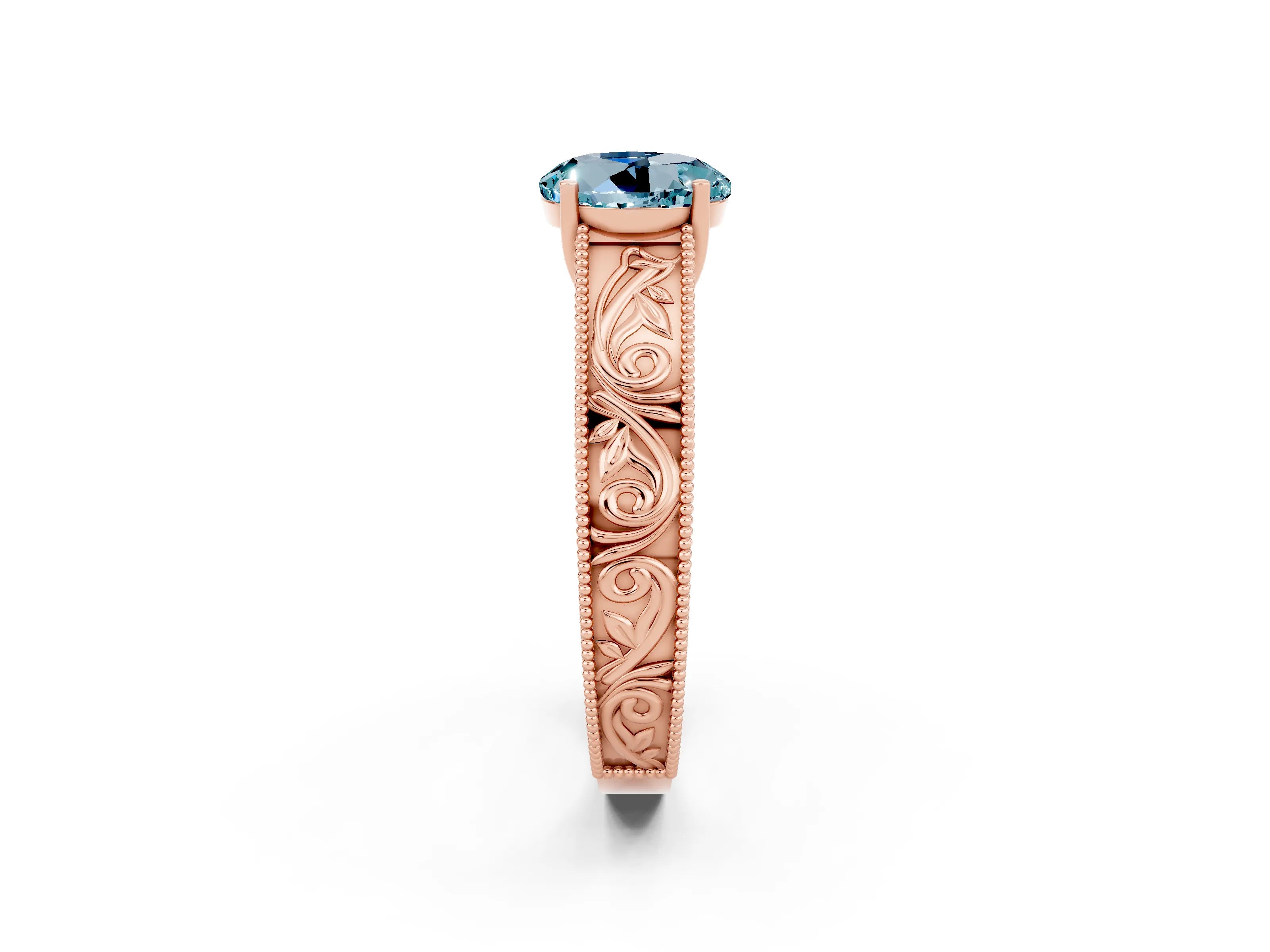 Rose gold Round Cut Aquamarine Solitaire Ring with Engraved Band and Four-Prong Setting_2