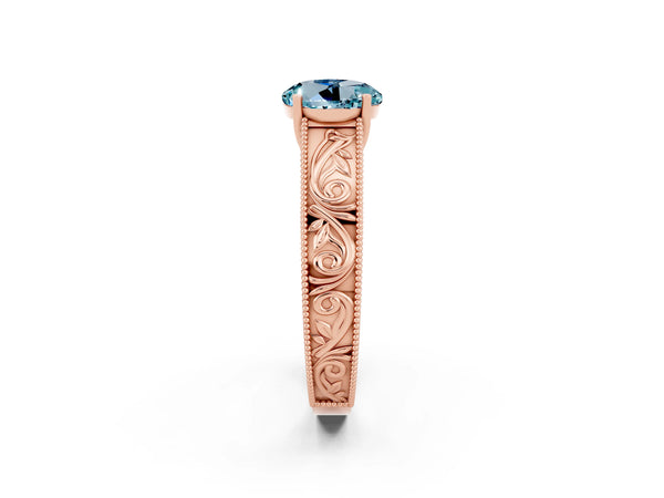 Rose gold Round Cut Aquamarine Solitaire Ring with Engraved Band and Four-Prong Setting