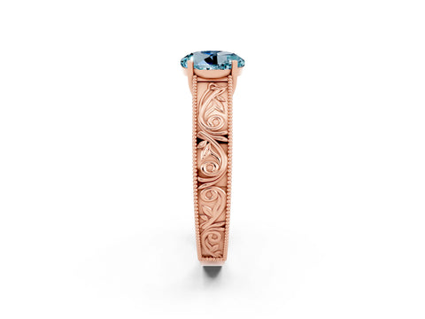 Rose gold Round Cut Aquamarine Solitaire Ring with Engraved Band and Four-Prong Setting_2