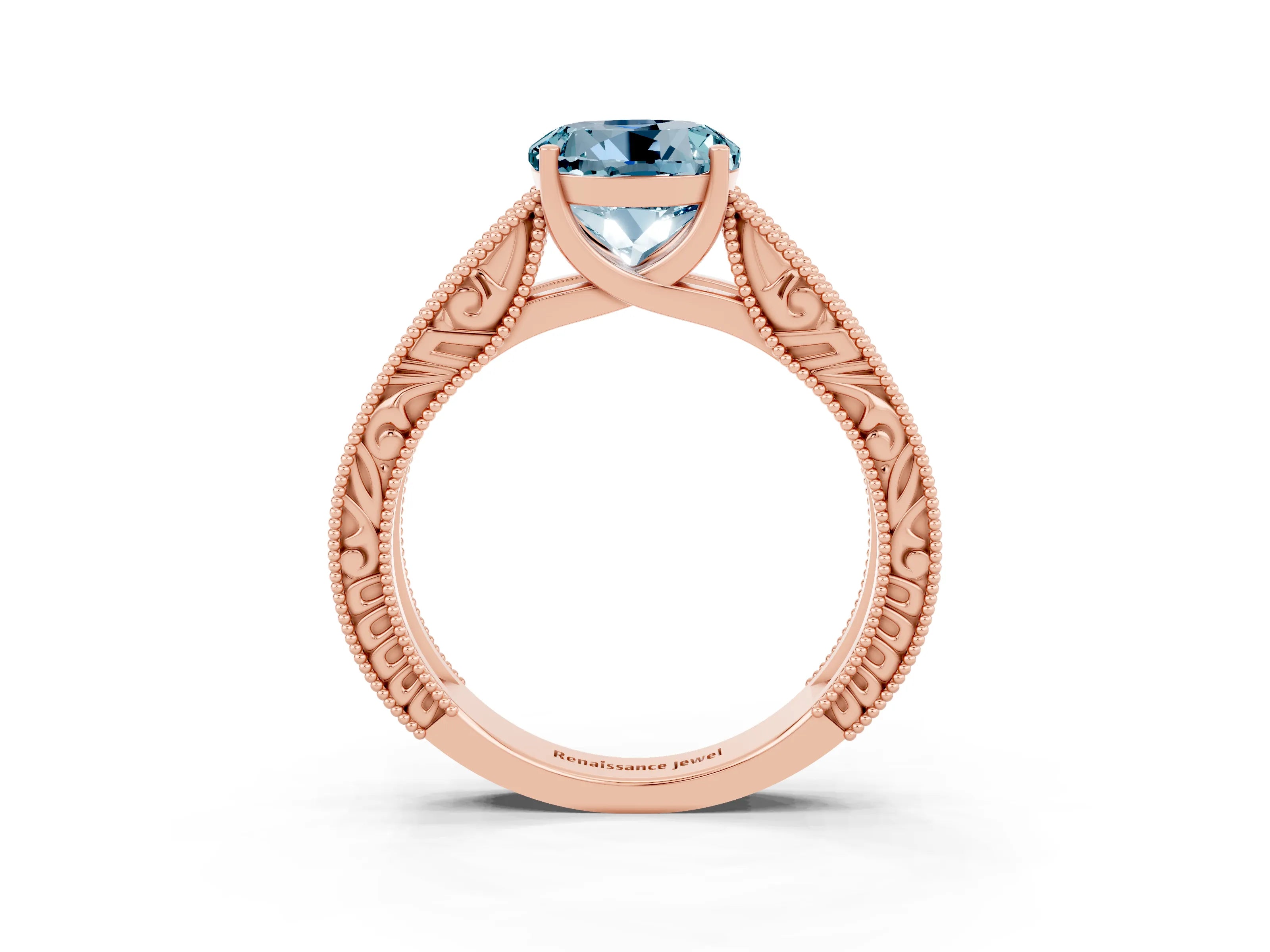 Rose gold Round Cut Aquamarine Solitaire Ring with Engraved Band and Four-Prong Setting_3