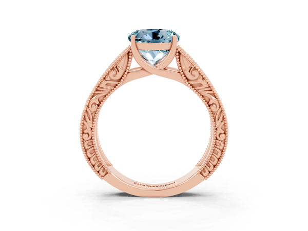 Rose gold Round Cut Aquamarine Solitaire Ring with Engraved Band and Four-Prong Setting