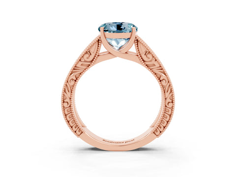 Rose gold Round Cut Aquamarine Solitaire Ring with Engraved Band and Four-Prong Setting_3