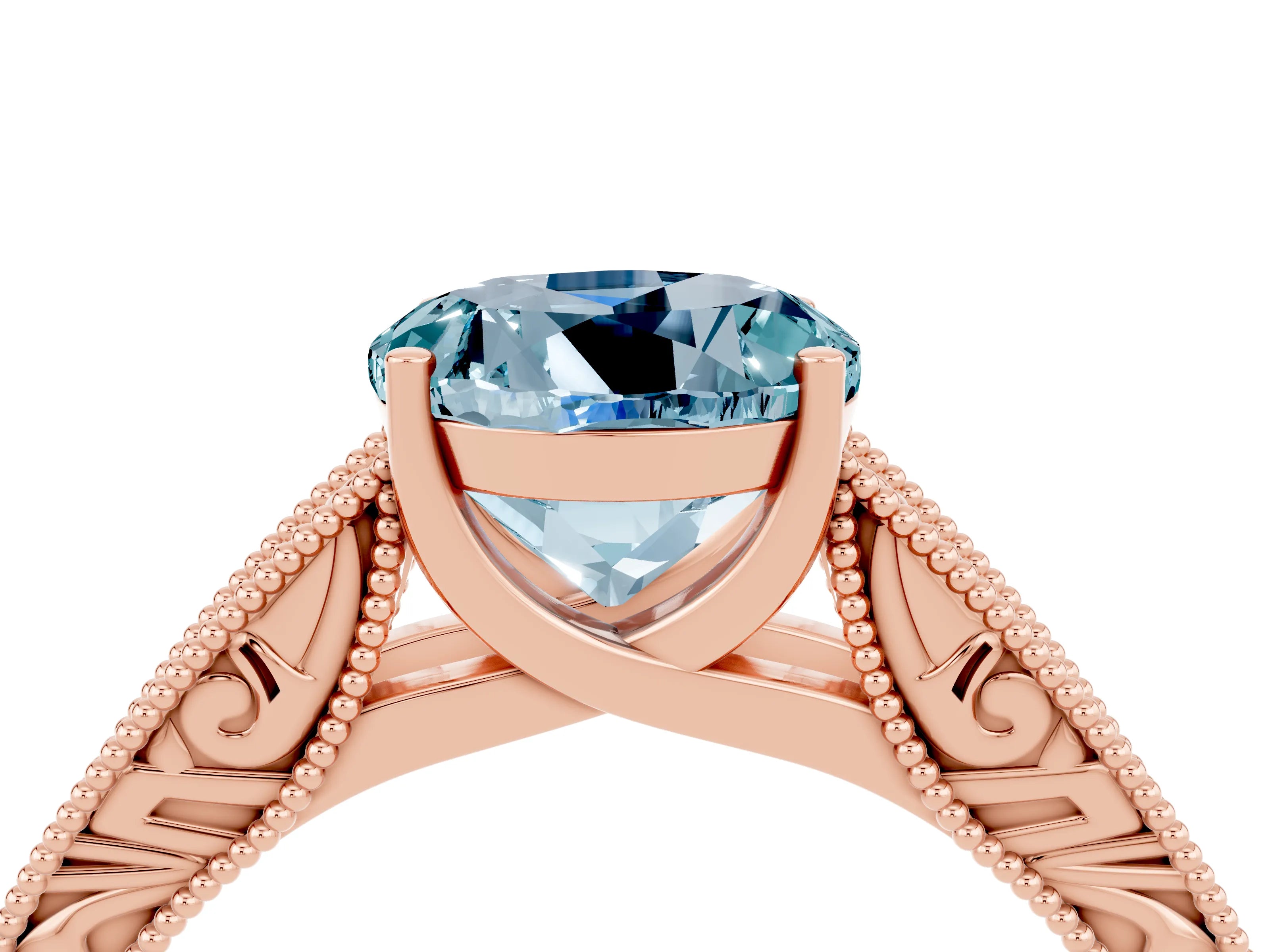 Rose gold Round Cut Aquamarine Solitaire Ring with Engraved Band and Four-Prong Setting_4