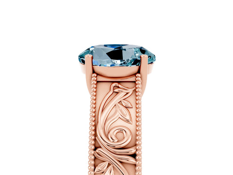 Rose gold Round Cut Aquamarine Solitaire Ring with Engraved Band and Four-Prong Setting_5