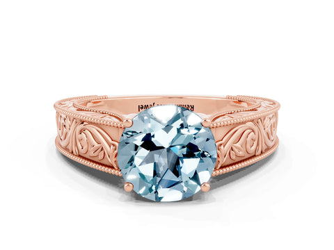 Rose gold Round Cut Aquamarine Solitaire Ring with Engraved Band and Four-Prong Setting