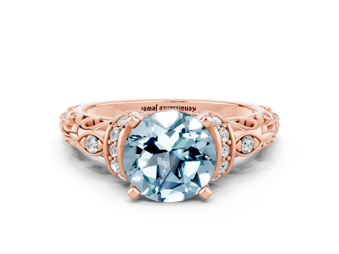 Rose gold Round Cut Aquamarine Solitaire Ring with Filigree Band and Four-Prong Setting_24