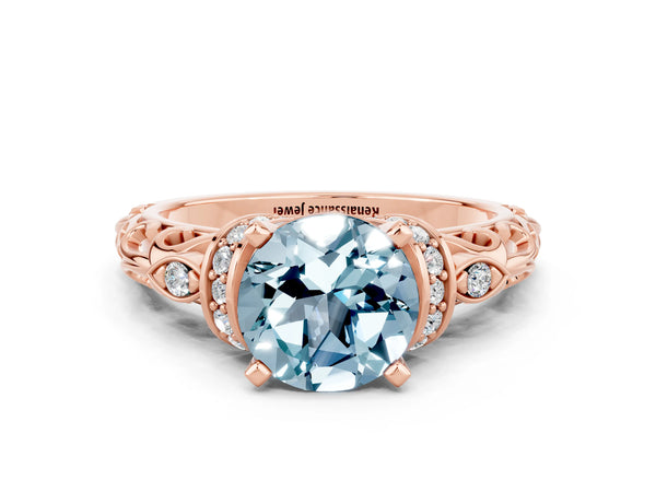 Rose gold Round Cut Aquamarine Solitaire Ring with Filigree Band and Four-Prong Setting