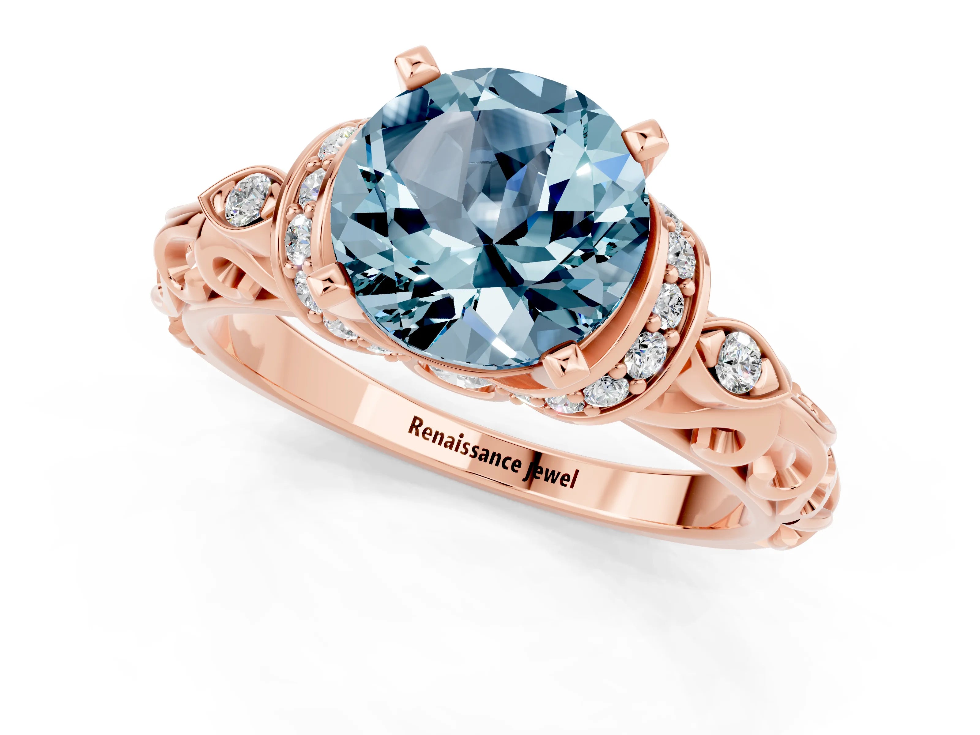 Rose gold Round Cut Aquamarine Solitaire Ring with Filigree Band and Four-Prong Setting_25