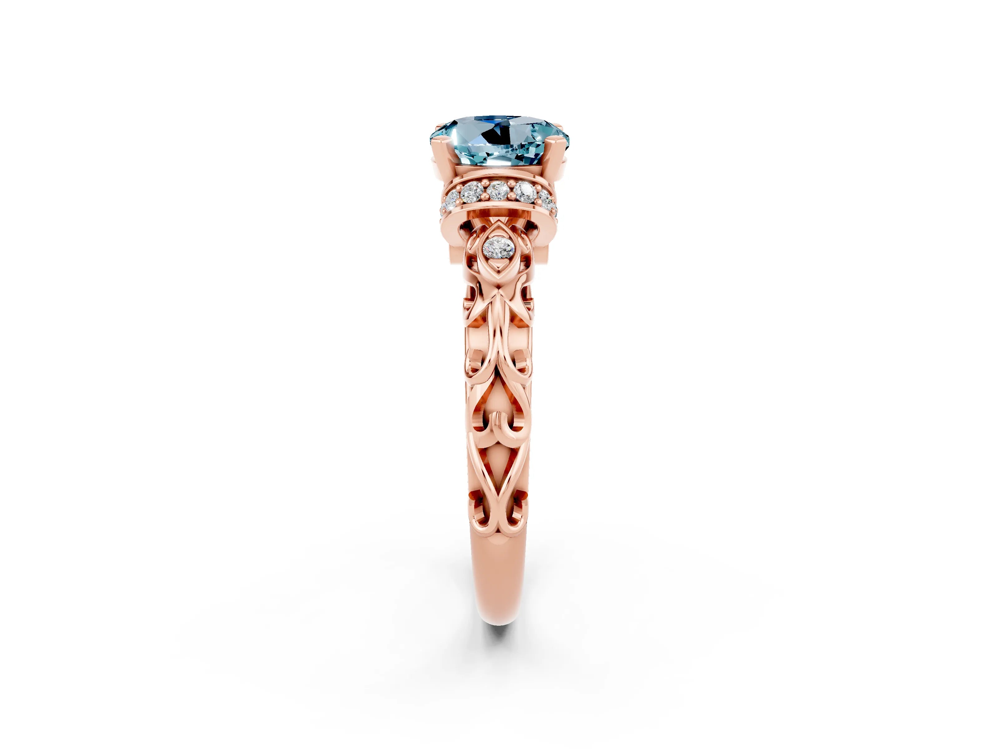 Rose gold Round Cut Aquamarine Solitaire Ring with Filigree Band and Four-Prong Setting_26