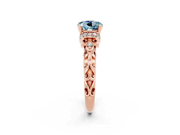 Rose gold Round Cut Aquamarine Solitaire Ring with Filigree Band and Four-Prong Setting