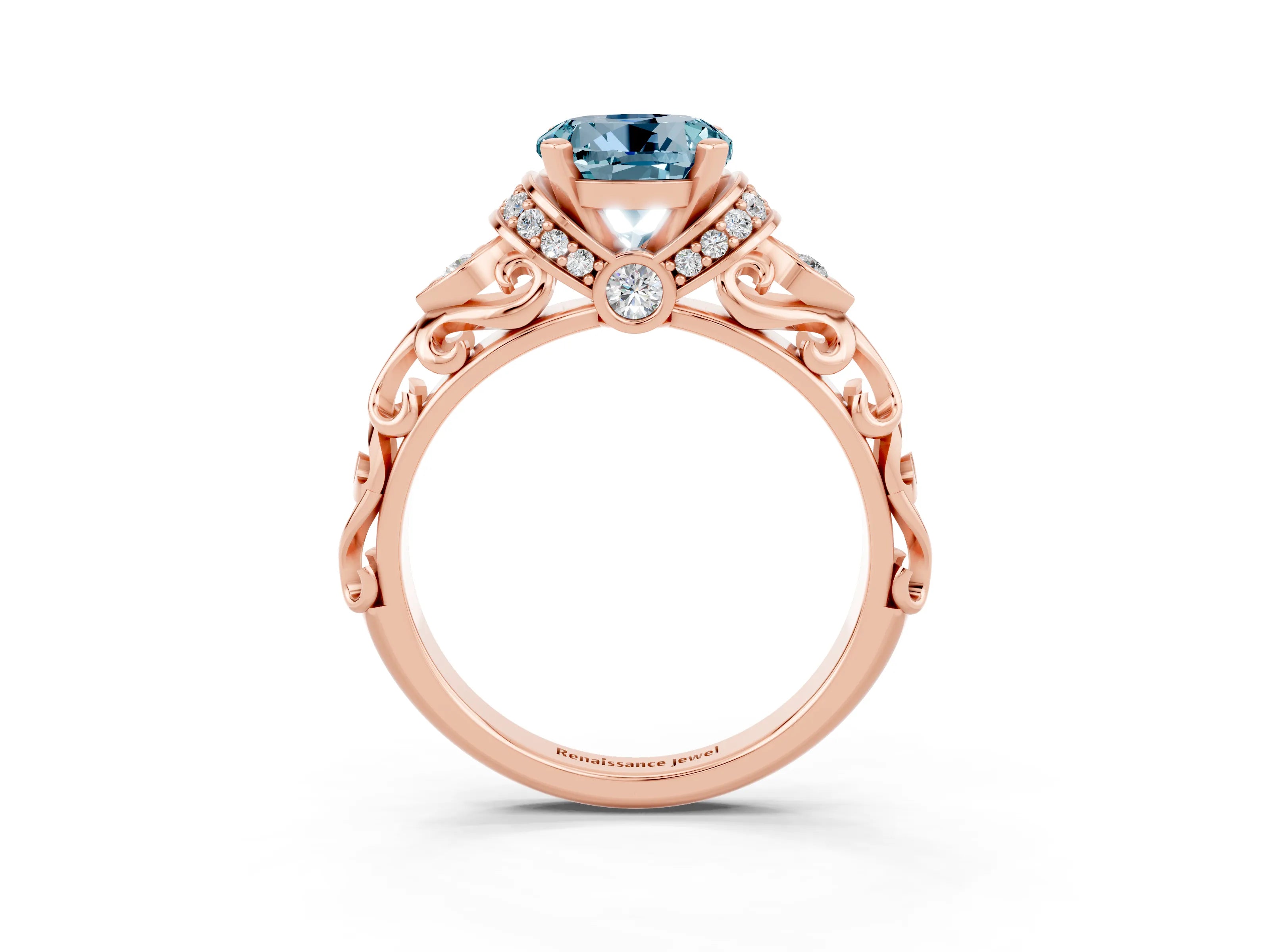 Rose gold Round Cut Aquamarine Solitaire Ring with Filigree Band and Four-Prong Setting_27