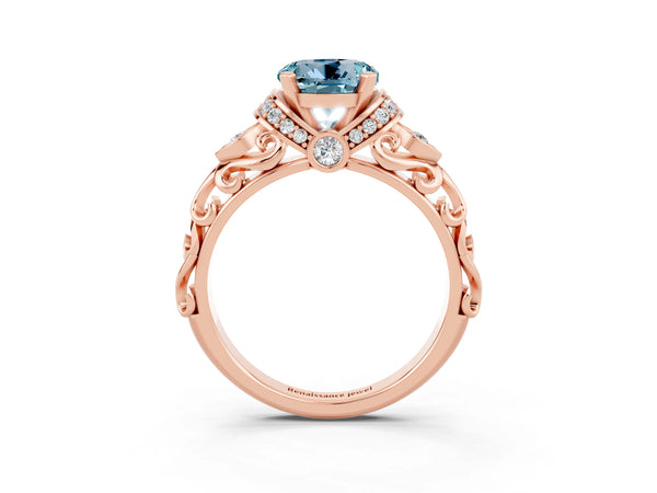 Rose gold Round Cut Aquamarine Solitaire Ring with Filigree Band and Four-Prong Setting