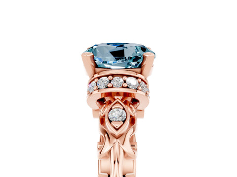Rose gold Round Cut Aquamarine Solitaire Ring with Filigree Band and Four-Prong Setting_29