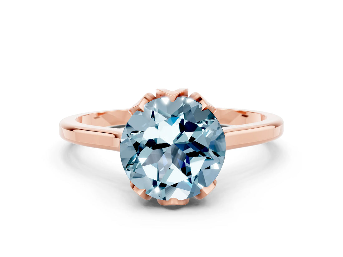 Rose gold Round Cut Aquamarine Solitaire Ring with Flower Prong Setting and Classic Band_36