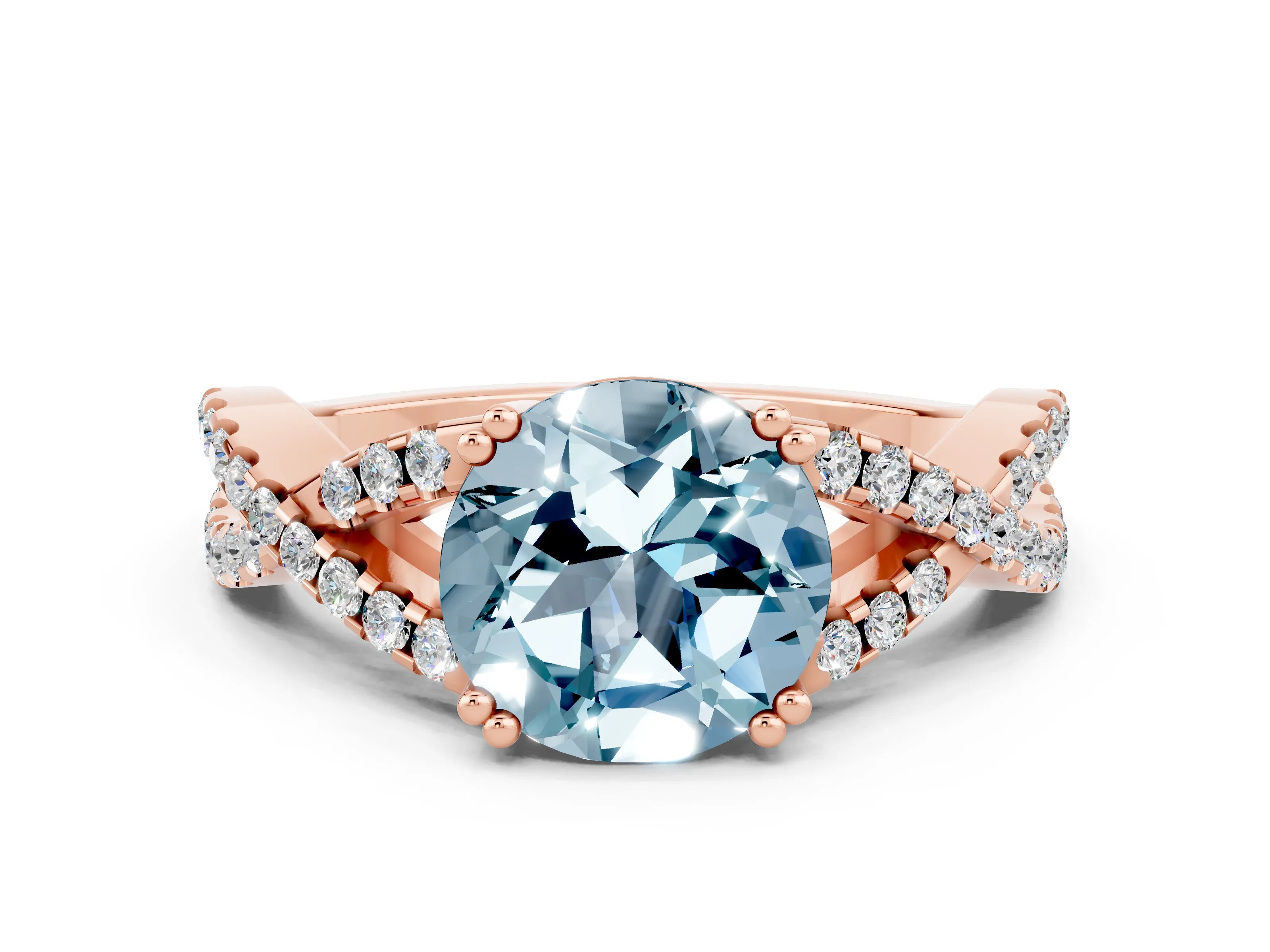 Rose gold Round Cut Aquamarine Solitaire Ring with Four-Prong Setting and Twisted Pavé Band