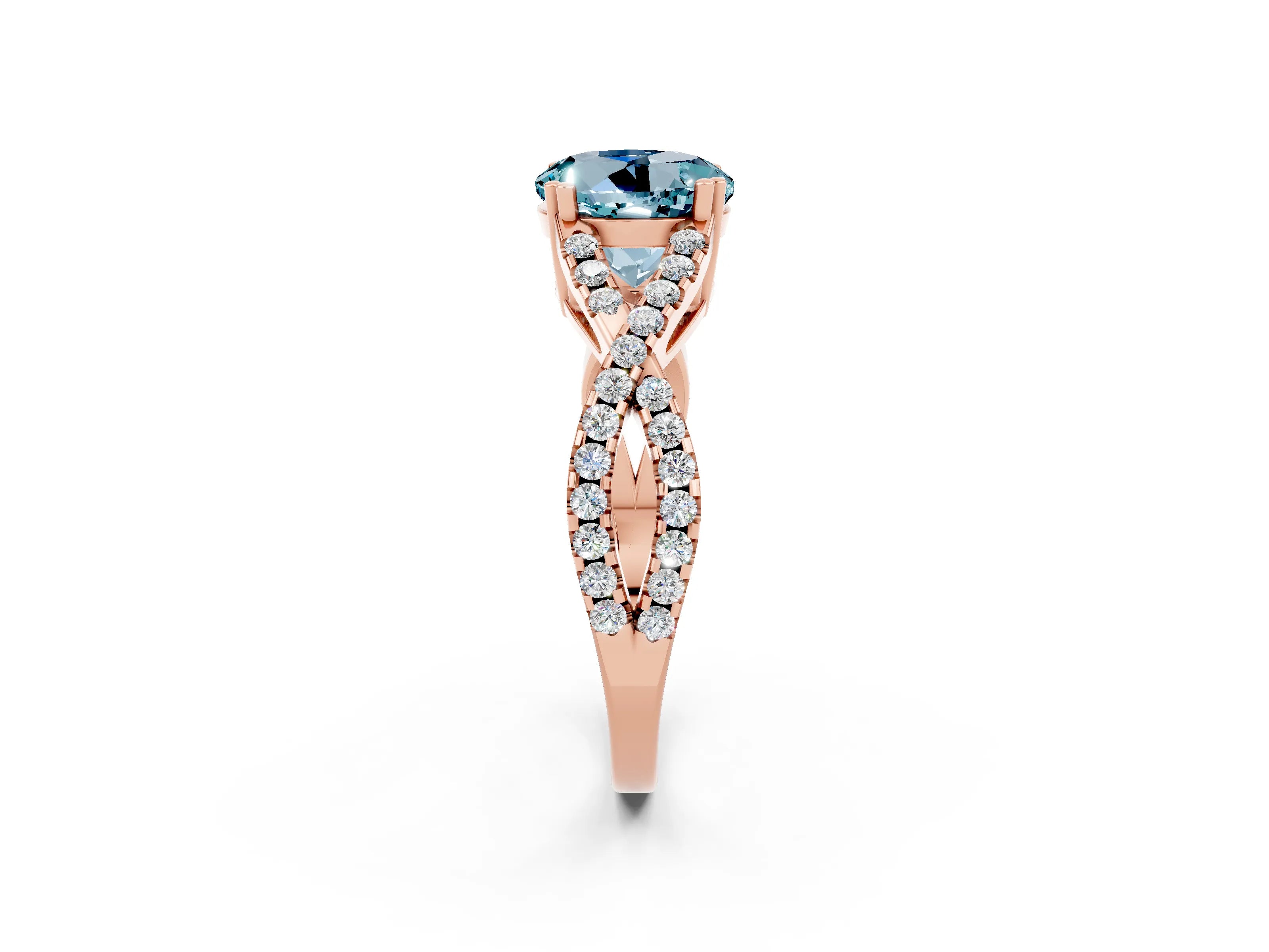 Rose gold Round Cut Aquamarine Solitaire Ring with Four-Prong Setting and Twisted Pavé Band_2