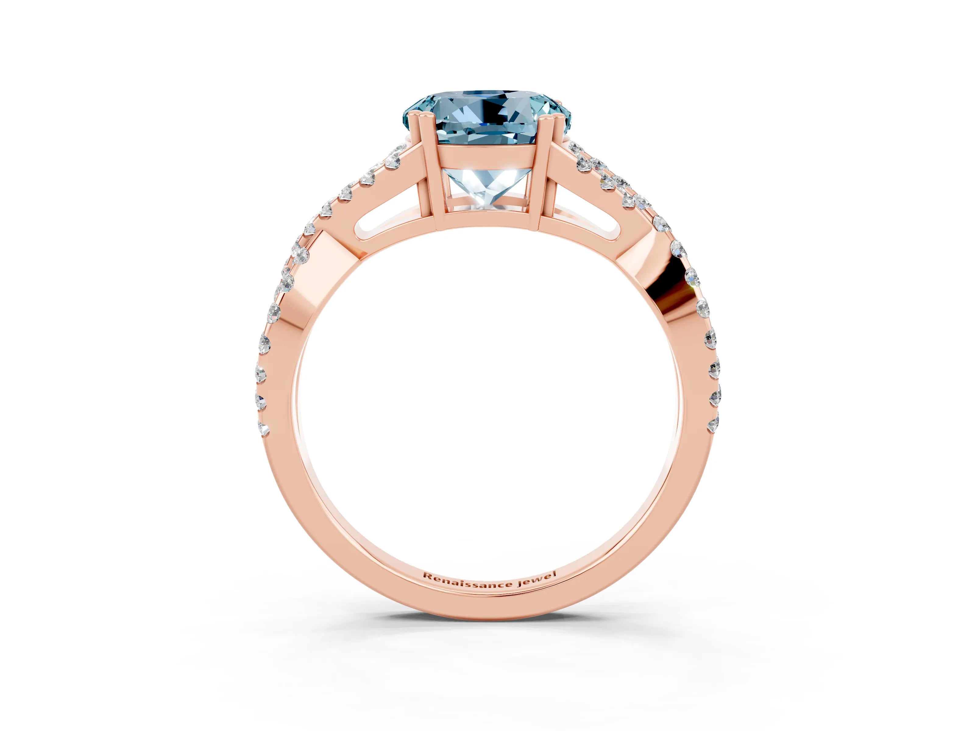 Rose gold Round Cut Aquamarine Solitaire Ring with Four-Prong Setting and Twisted Pavé Band_3