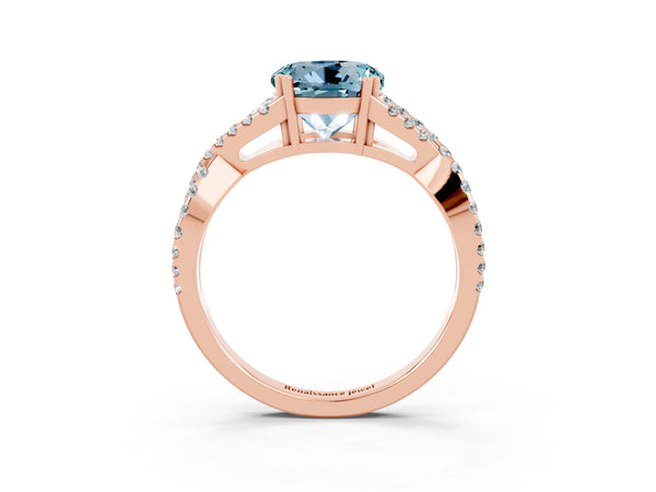 Rose gold Round Cut Aquamarine Solitaire Ring with Four-Prong Setting and Twisted Pavé Band