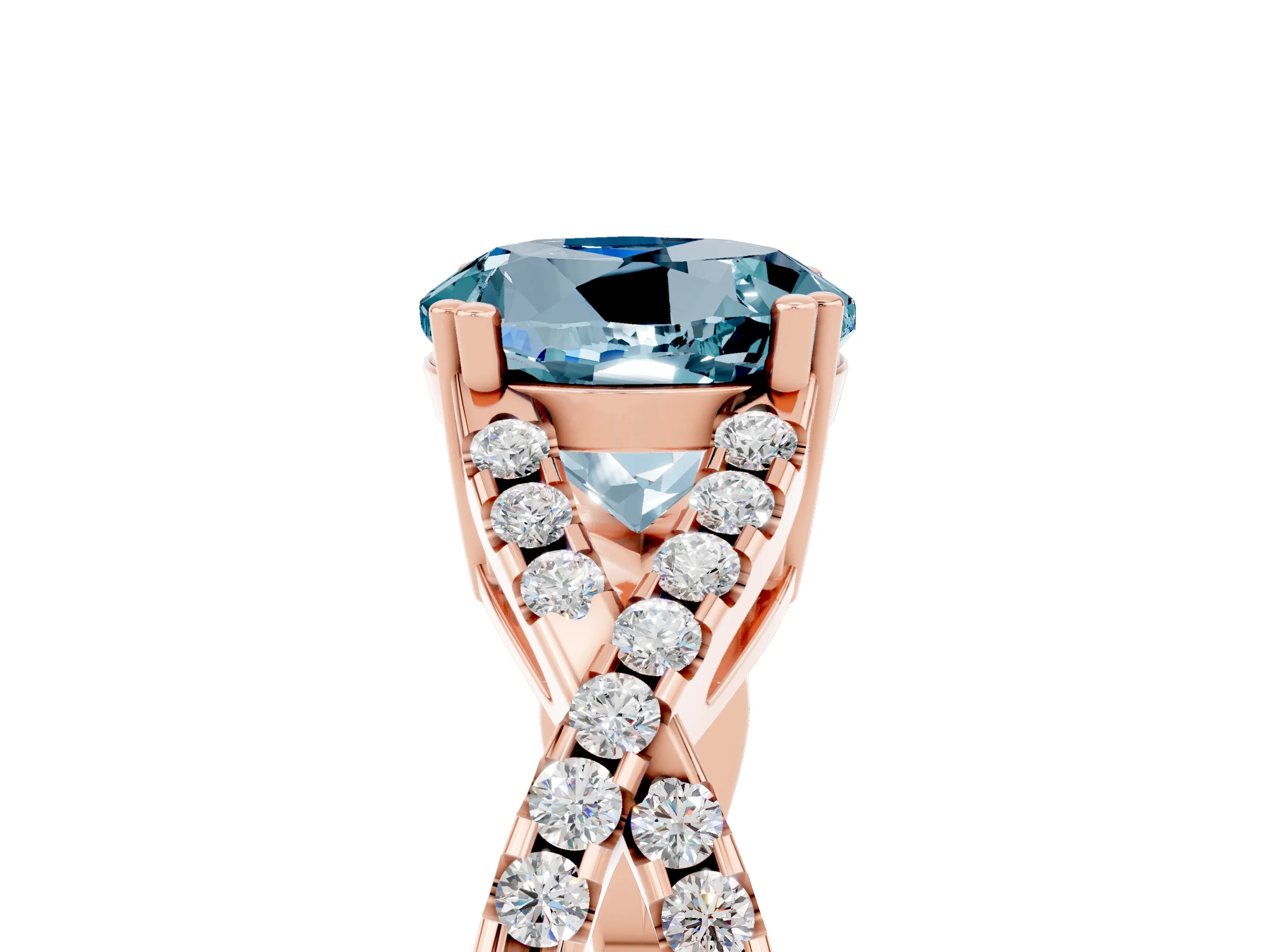 Rose gold Round Cut Aquamarine Solitaire Ring with Four-Prong Setting and Twisted Pavé Band_5