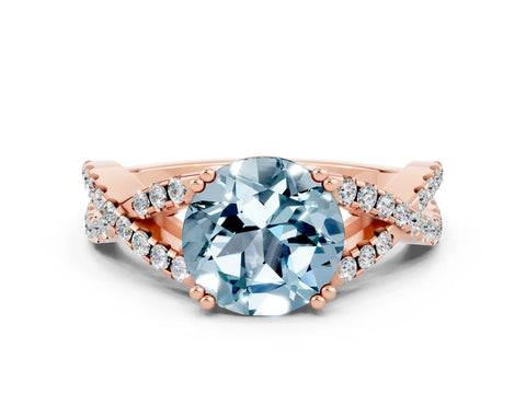Rose gold Round Cut Aquamarine Solitaire Ring with Four-Prong Setting and Twisted Pavé Band