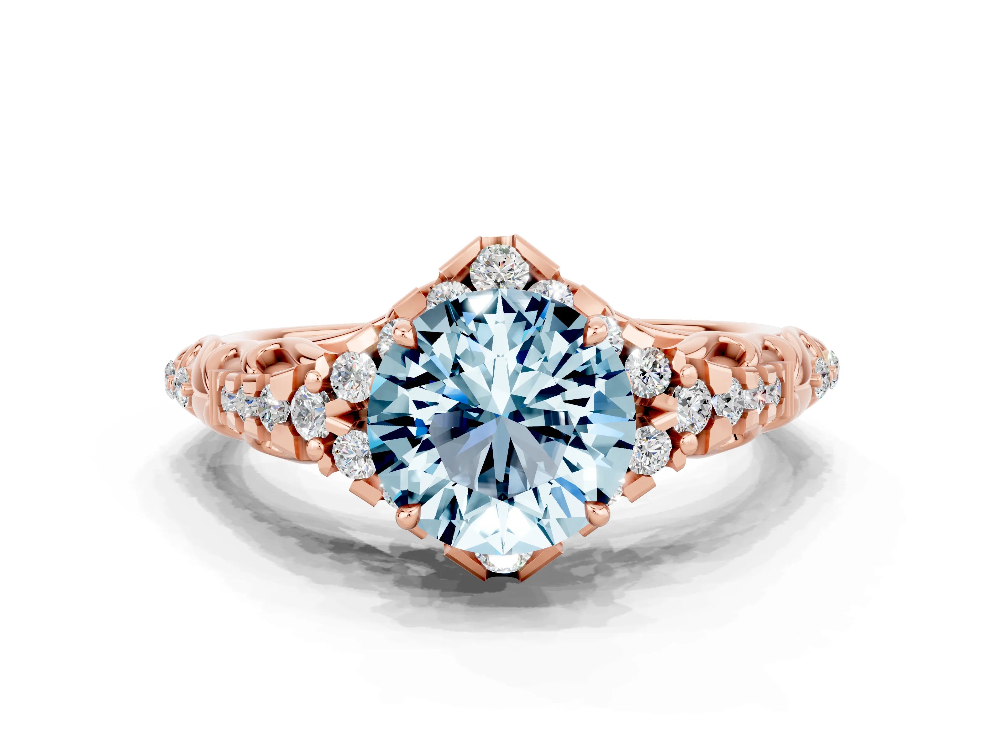 Rose gold Round Cut Aquamarine Solitaire Ring with Hidden Halo and Pavé Band_32