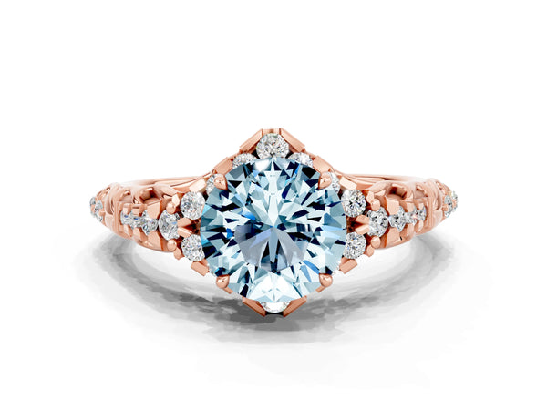 Rose gold Round Cut Aquamarine Solitaire Ring with Hidden Halo and Pavé Band