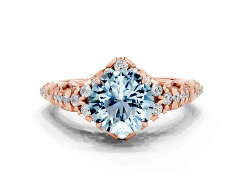 Rose gold Round Cut Aquamarine Solitaire Ring with Hidden Halo and Pavé Band_32