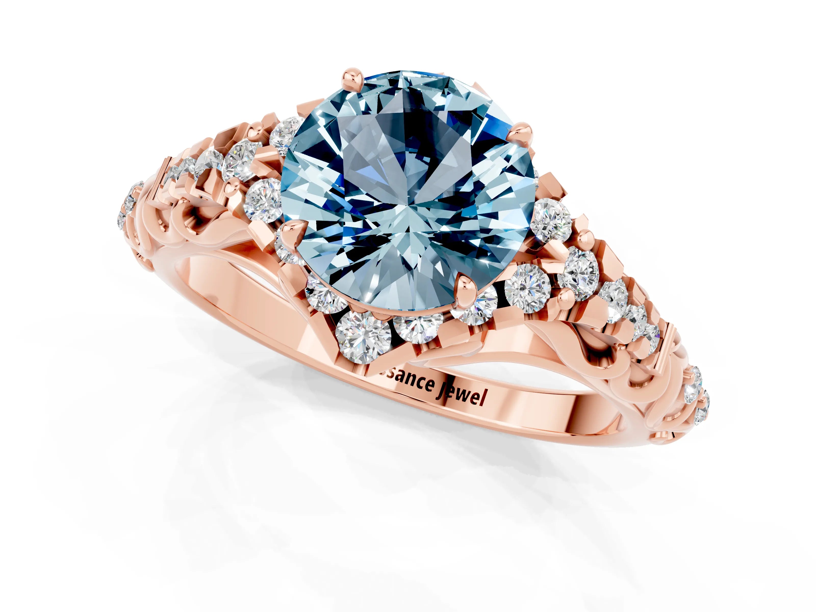Rose gold Round Cut Aquamarine Solitaire Ring with Hidden Halo and Pavé Band_33
