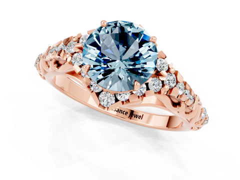 Rose gold Round Cut Aquamarine Solitaire Ring with Hidden Halo and Pavé Band_33