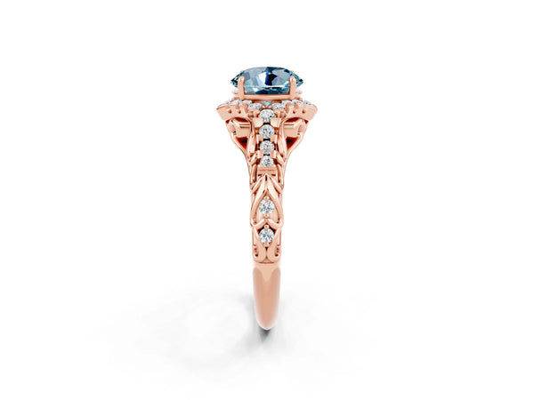Rose gold Round Cut Aquamarine Solitaire Ring with Hidden Halo and Pavé Band