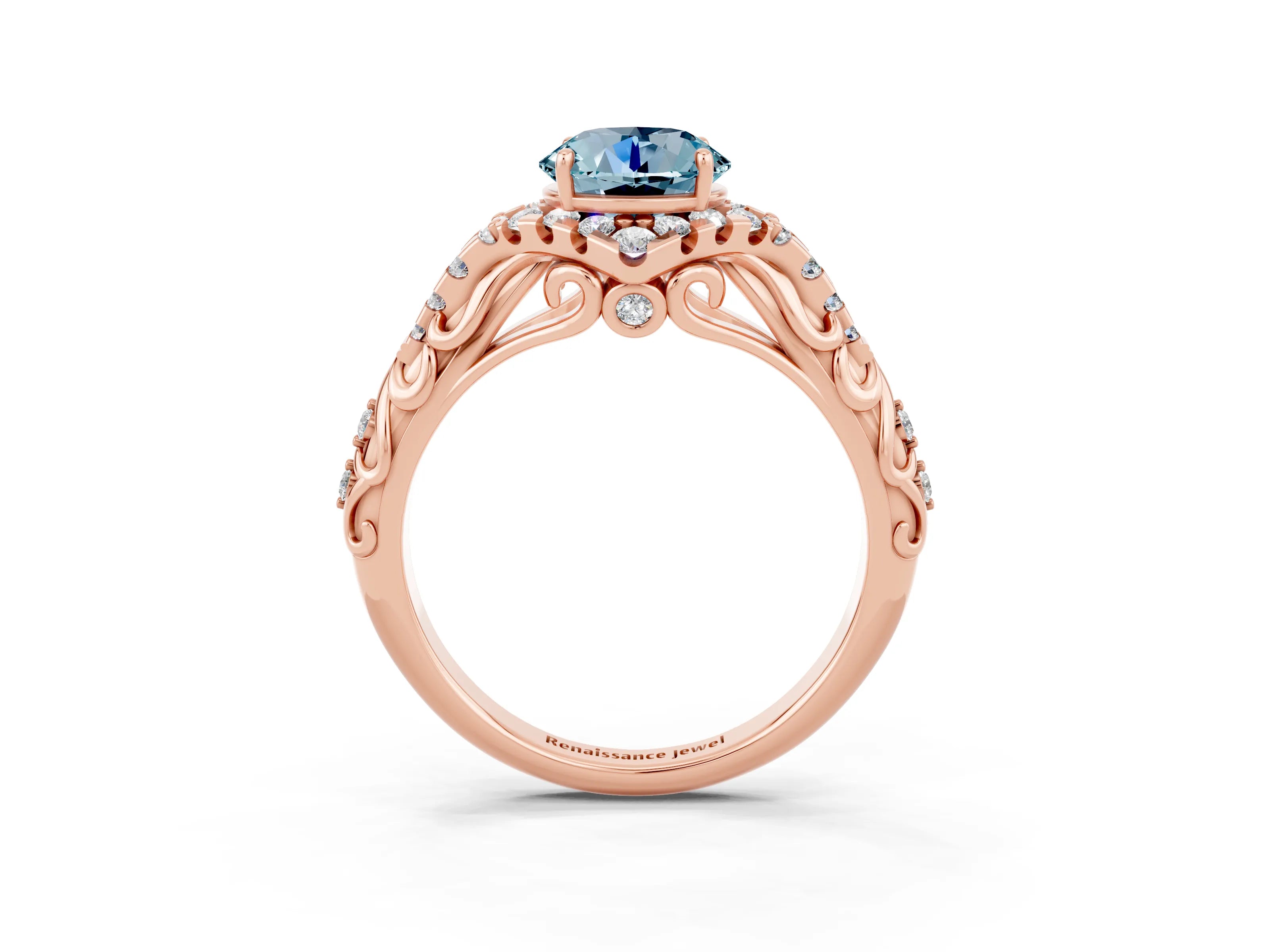 Rose gold Round Cut Aquamarine Solitaire Ring with Hidden Halo and Pavé Band_35