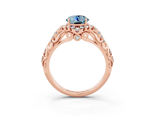 Rose gold Round Cut Aquamarine Solitaire Ring with Hidden Halo and Pavé Band