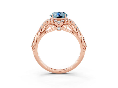 Rose gold Round Cut Aquamarine Solitaire Ring with Hidden Halo and Pavé Band_35