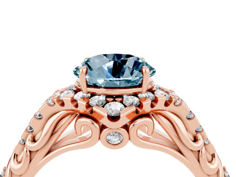 Rose gold Round Cut Aquamarine Solitaire Ring with Hidden Halo and Pavé Band_36