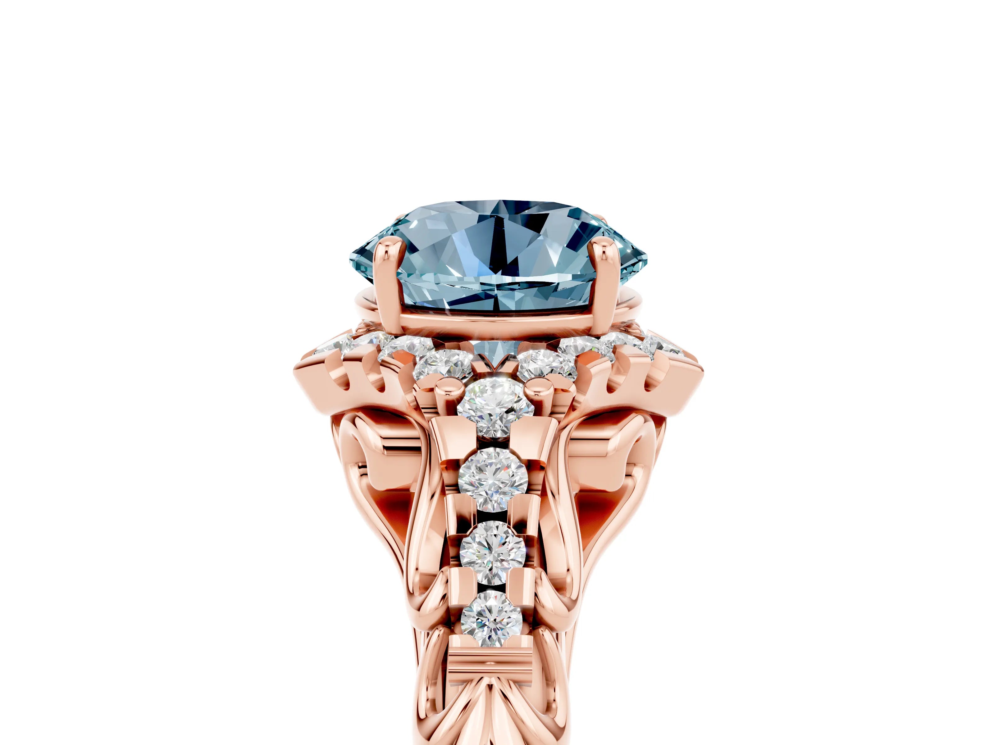 Rose gold Round Cut Aquamarine Solitaire Ring with Hidden Halo and Pavé Band_37