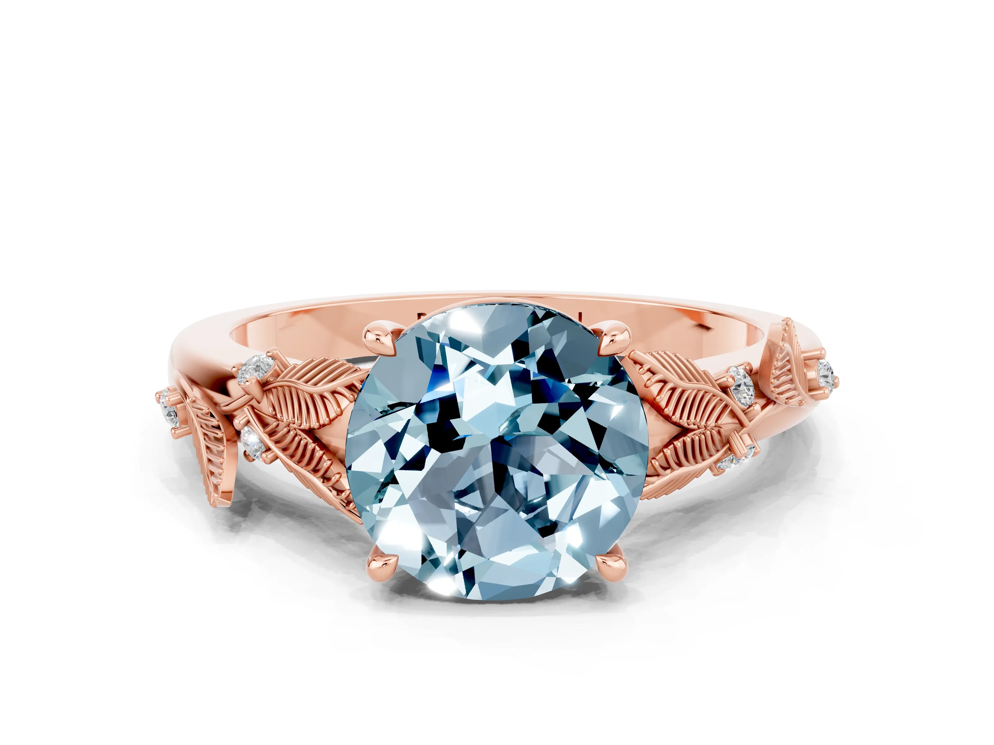 Rose gold Round Cut Aquamarine Solitaire Ring with Leaf Motif Band and Four-Prong Setting