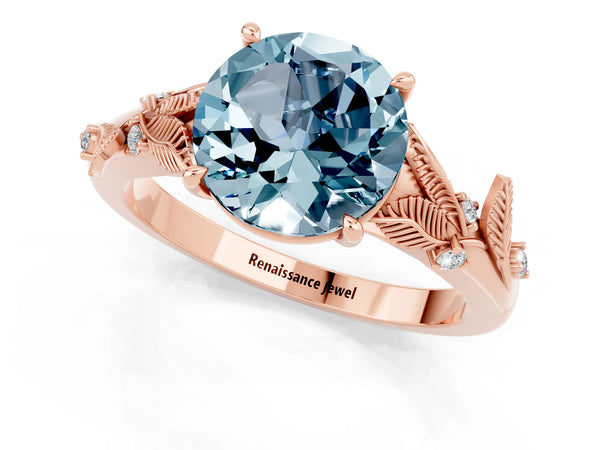 Rose gold Round Cut Aquamarine Solitaire Ring with Leaf Motif Band and Four-Prong Setting