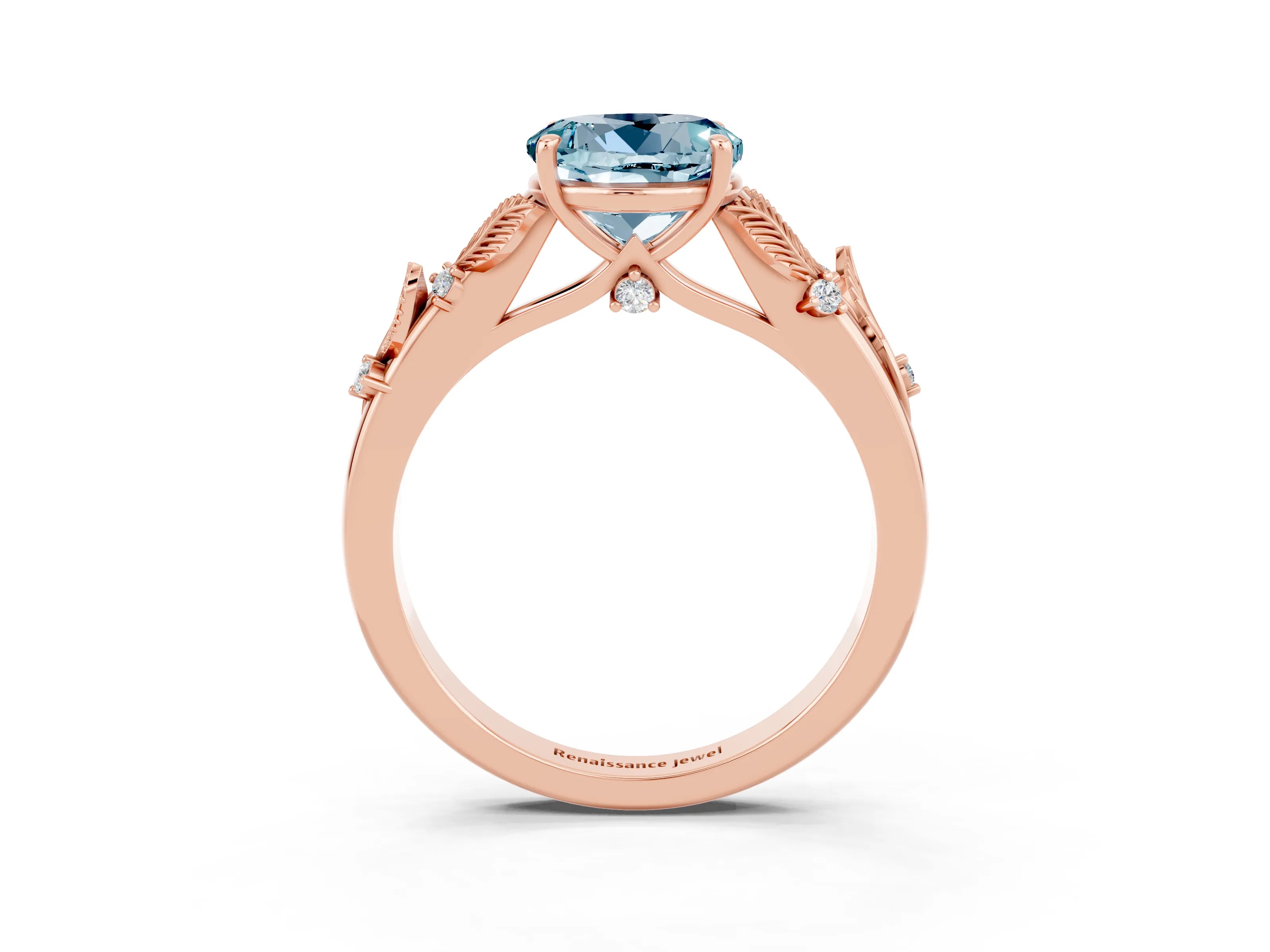 Rose gold Round Cut Aquamarine Solitaire Ring with Leaf Motif Band and Four-Prong Setting_3