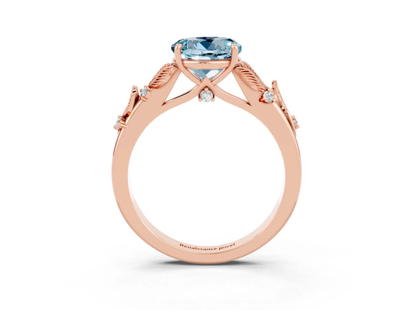 Rose gold Round Cut Aquamarine Solitaire Ring with Leaf Motif Band and Four-Prong Setting