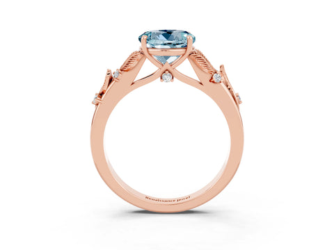 Rose gold Round Cut Aquamarine Solitaire Ring with Leaf Motif Band and Four-Prong Setting_3