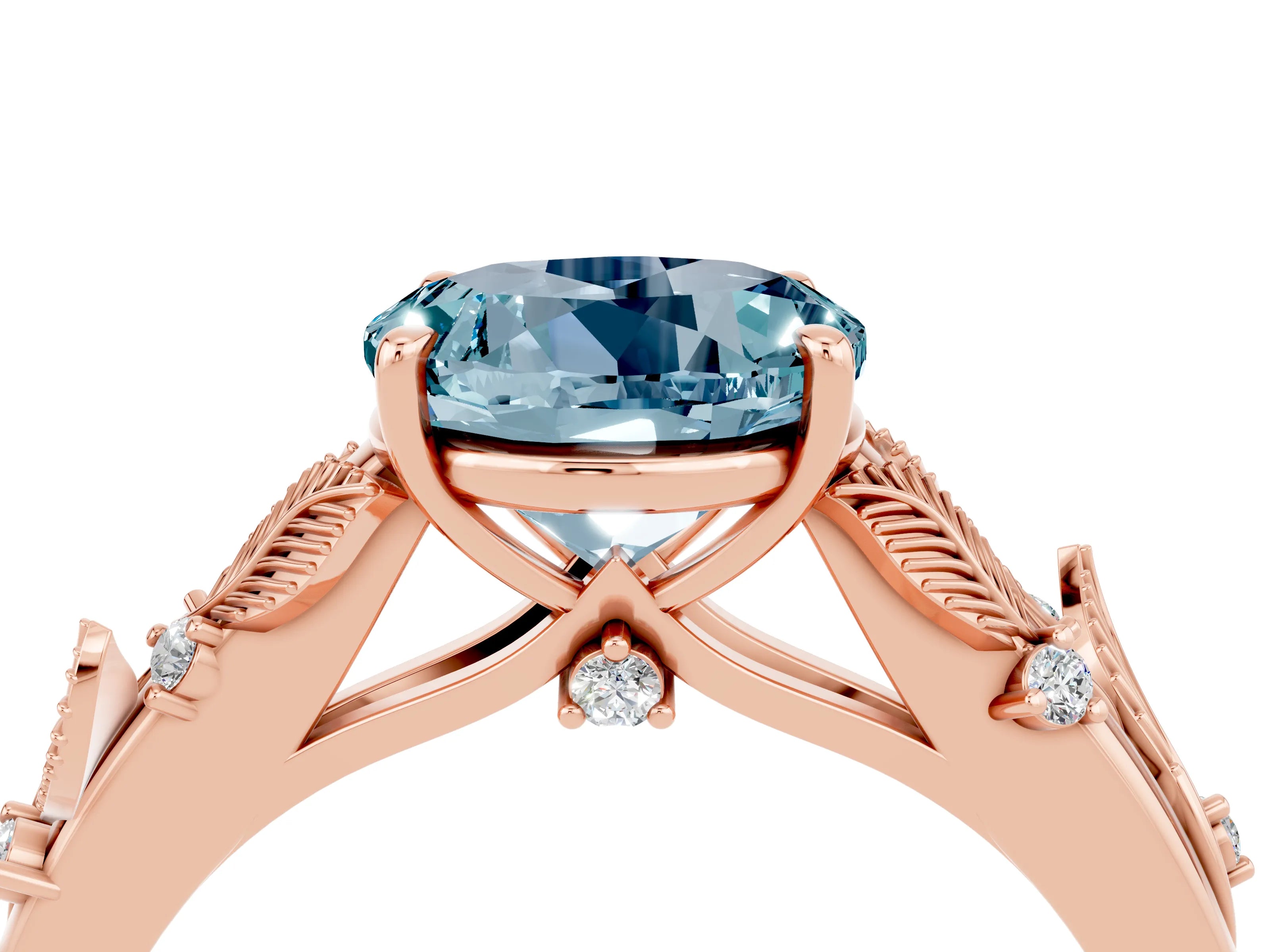 Rose gold Round Cut Aquamarine Solitaire Ring with Leaf Motif Band and Four-Prong Setting_4
