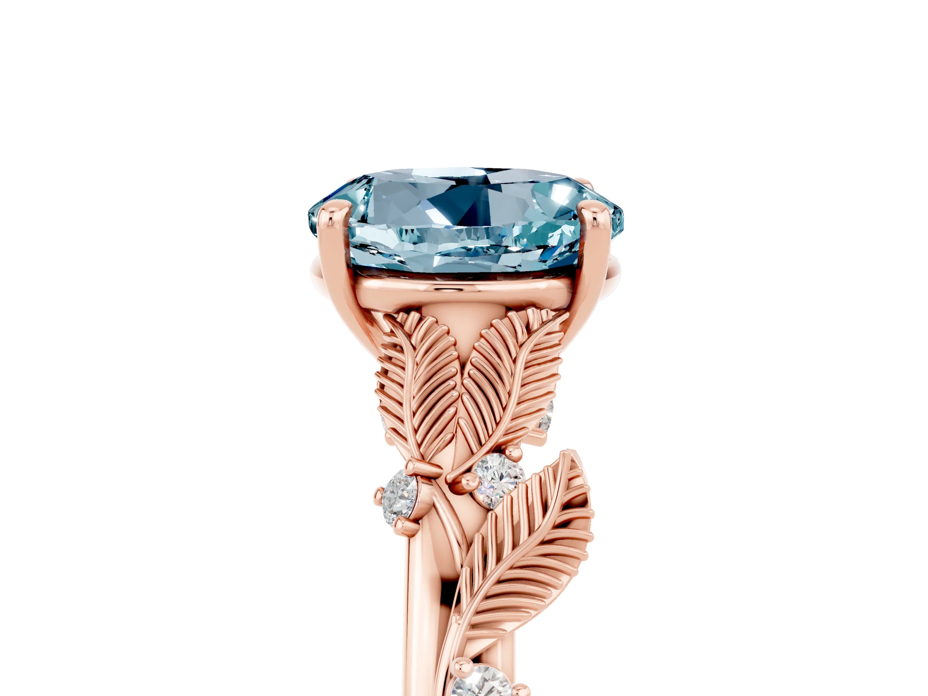 Rose gold Round Cut Aquamarine Solitaire Ring with Leaf Motif Band and Four-Prong Setting_5