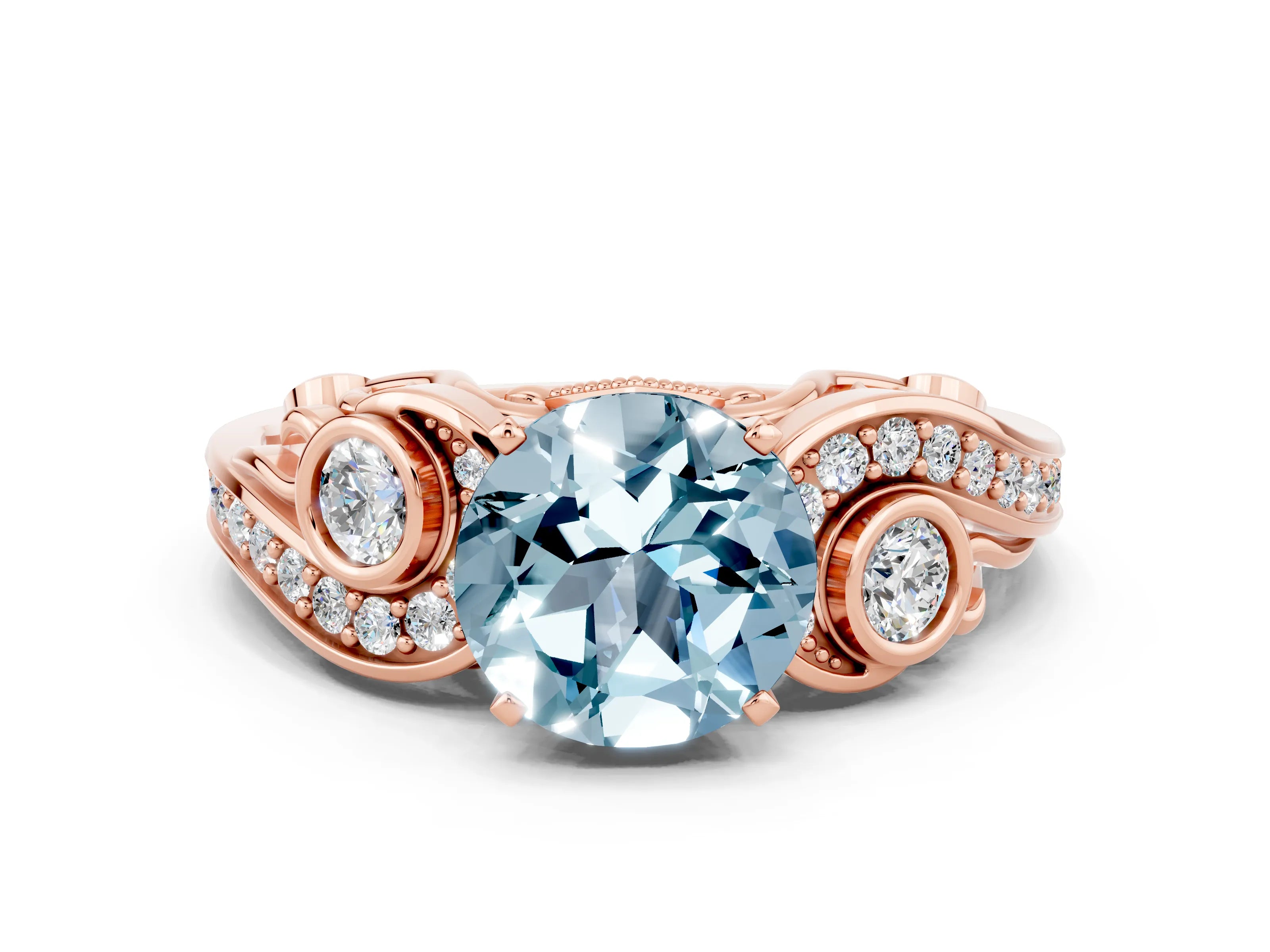 Rose gold Round Cut Aquamarine Solitaire Ring with Milgrain Pavé Band and Four-Prong Setting_24